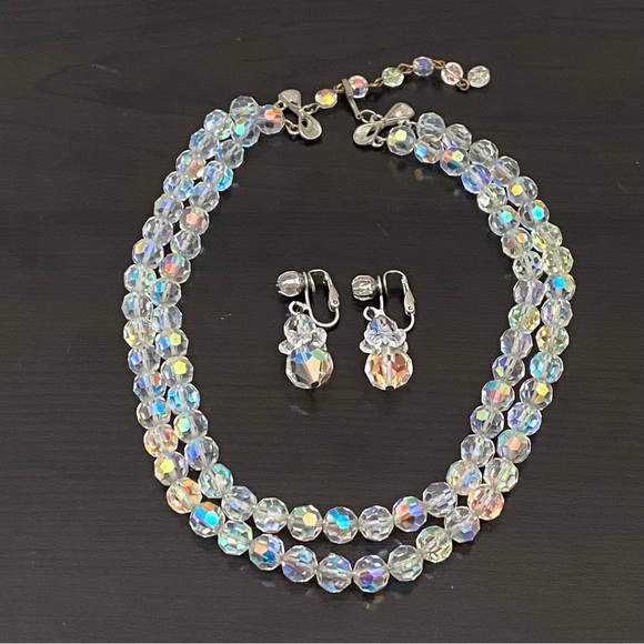 Vintage Unsigned Aurora Borealis Double Strand Statement Necklace & Earrings Set - Picture 5 of 13